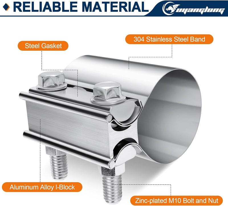 ouyanglong 2.25 Inch Exhaust Clamp, 2 1/4" Butt Joint Band Clamp Stainless Steel Sleeve Coupler for Pipes,Mufflers,Catalytic Converters - 2 Pack - Image 3
